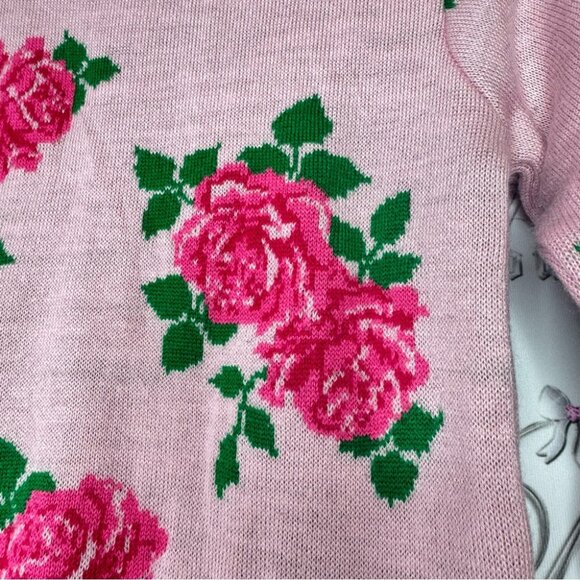 612 league sweater roses knit wool pink green luxe crew neck pull over flowers - Picture 3 of 11